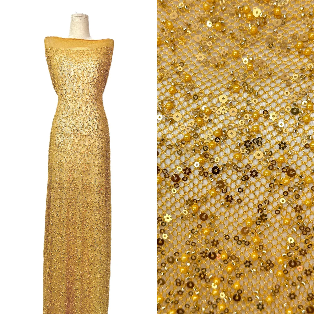 Großhandel nigerianische Gold-Spitzenstoffe, modische Frauen, afrikanische Tüll-Spitze, luxuriöse handgefertigte Perlen-Pailletten-Stoffe für Hochzeit, 5 Yards
