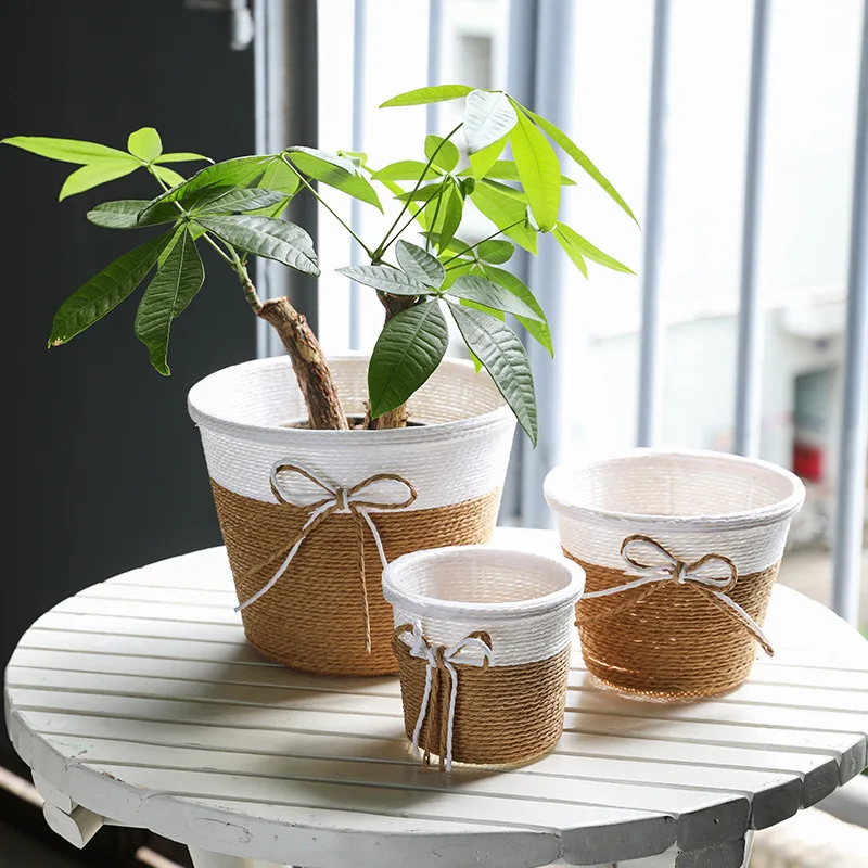 Paper Rope Braided Fresh Flowers Pot Woven Small Potted Grass Planter Decorative Basket Indoor Flower Pots Cover Plant Container
