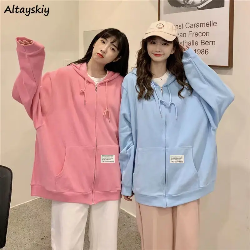 Hooded Sweatshirts Women Loose Zipper-up Pockets Students Slouchy All-match Fashion Tender Spring Autumn Daily Ulzzang Vintage