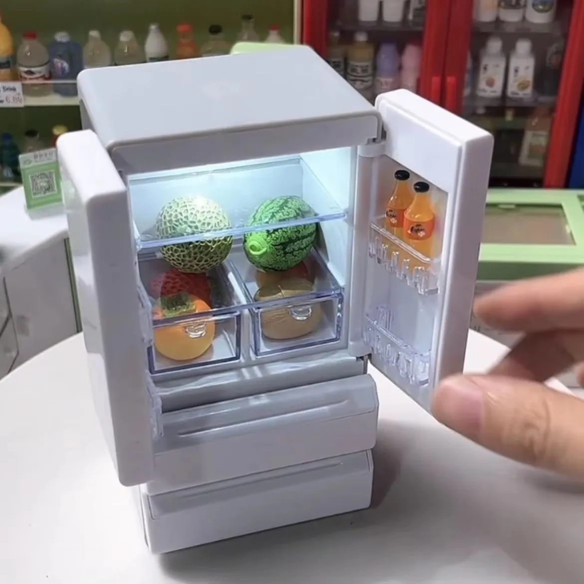 Light-up mini geladeira de porta dupla casa de bonecas escala 1:12 geladeira modelo em miniatura comida jogar cena decoração de casa
