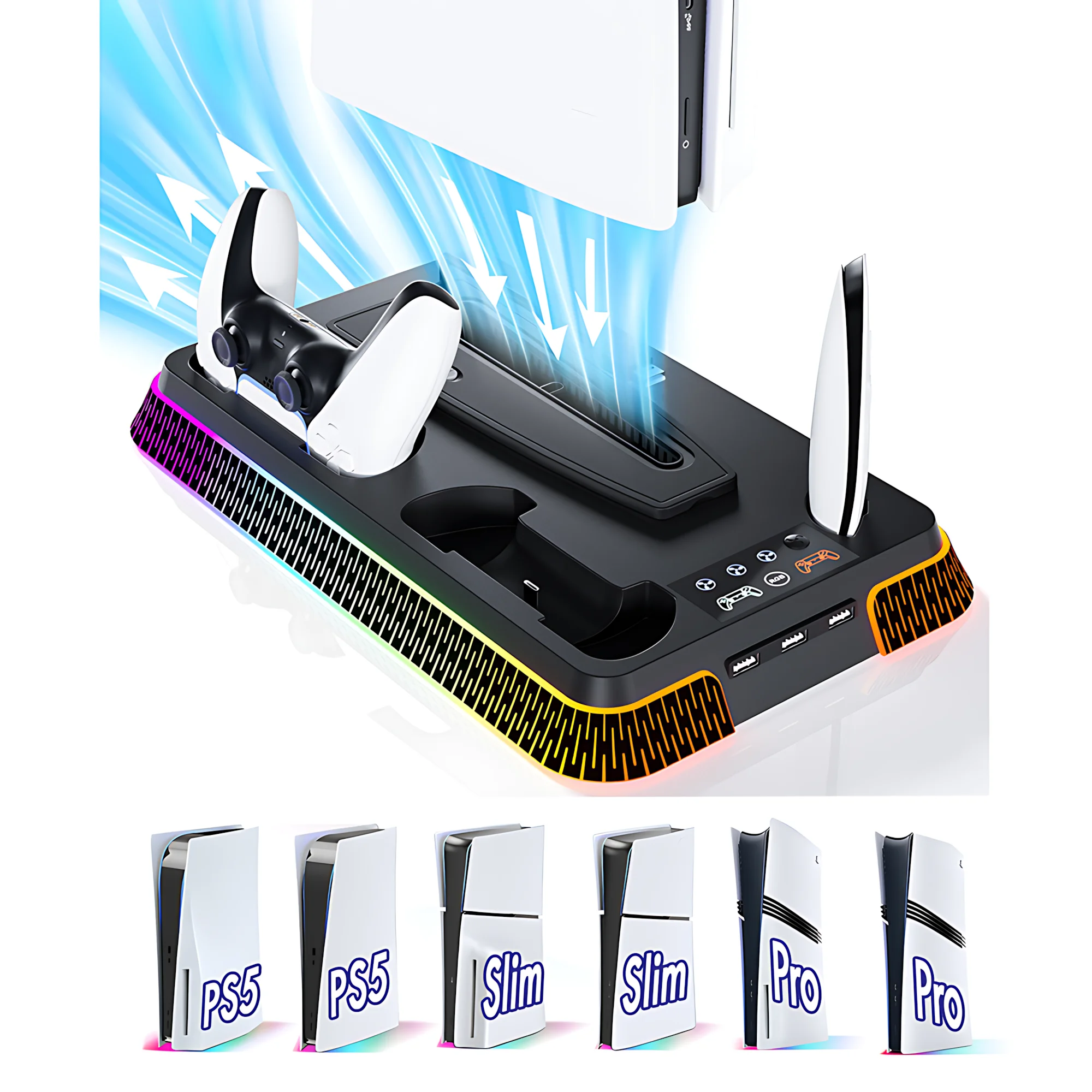 

Cooling Station for PS5/PS5 Slim/PS5 Pro, YH66S Vertical RGB PS5 Cooling Stand with Controller Charging Dock, Headset Hook, USB