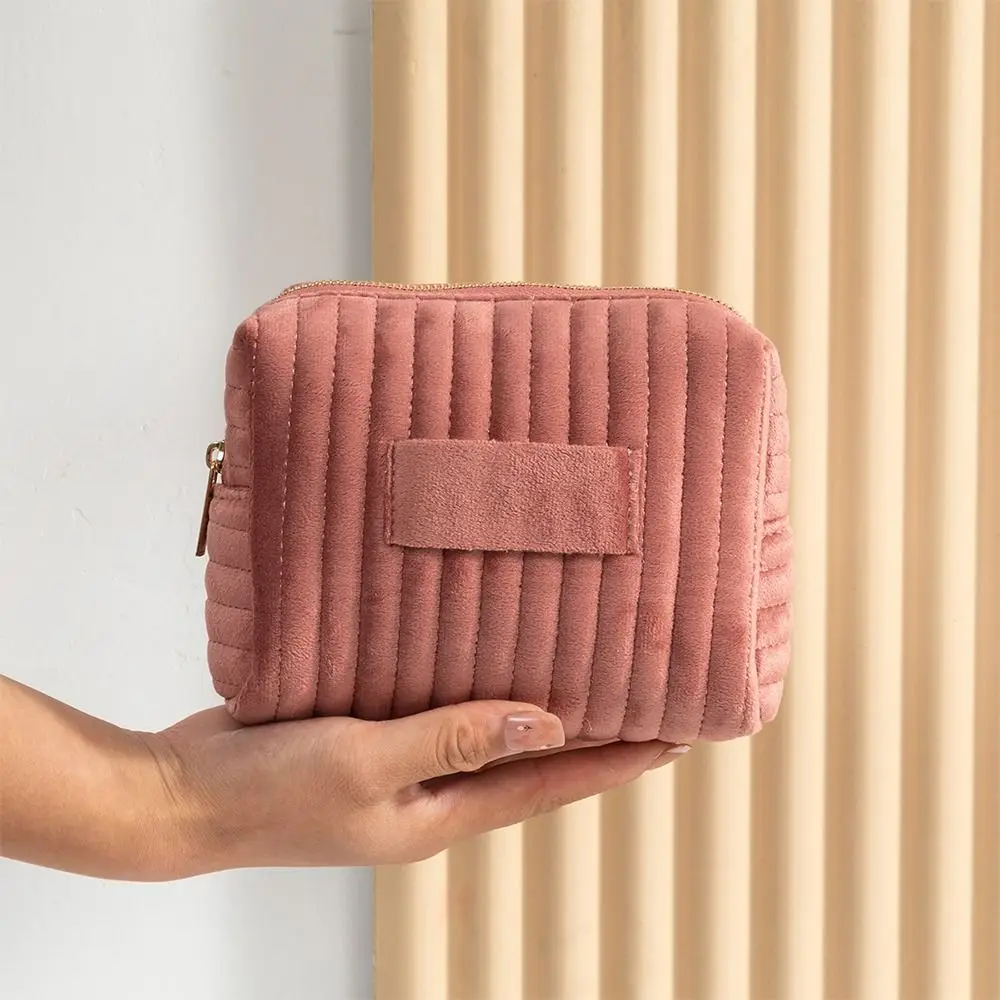 INS Velvet Makeup Bag Soft Touch Large Capacity Cosmetic Bag Striped Quilting Cosmetic Pouch Travel