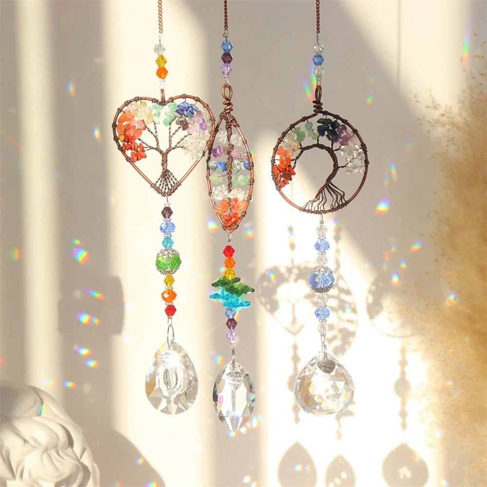 

Tree Of Life Sun Catcher Hanging Crystal Prism Wire Wrapped Heart Shape Moon Star Crafts Pendant Car Accessories Home Decoration