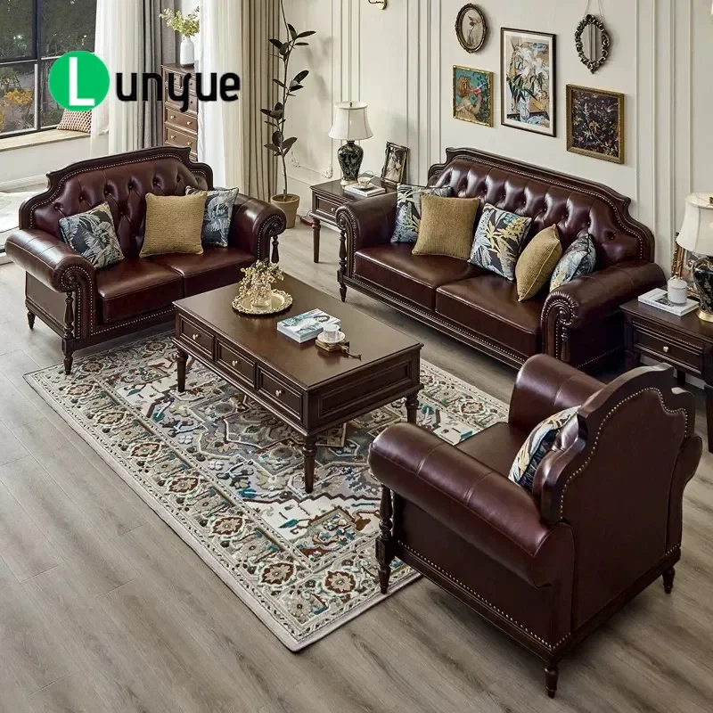 American Retro Solid Wood Leather Sofa First Layer Cowhide 123 Combination Set Living Room Villa Furniture High End Luxury