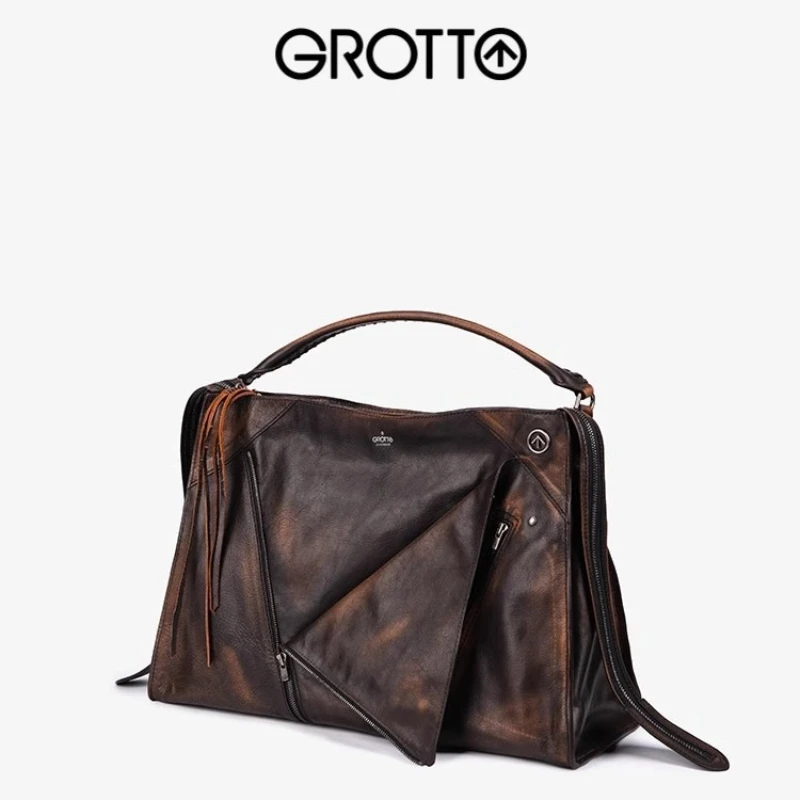 GROTTO 2025 Lapel Bag Smoked Wood Brown Retro Leather-Textured Large-Capacity Commuter Tote/Shoulder/Crossbody Bag