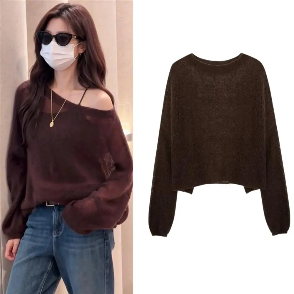 Spring Early Clear  Old Money Side Feather Shoulder Bared Thin Knitted Sweater Loose Lazy Slimming Top Women's Fashion