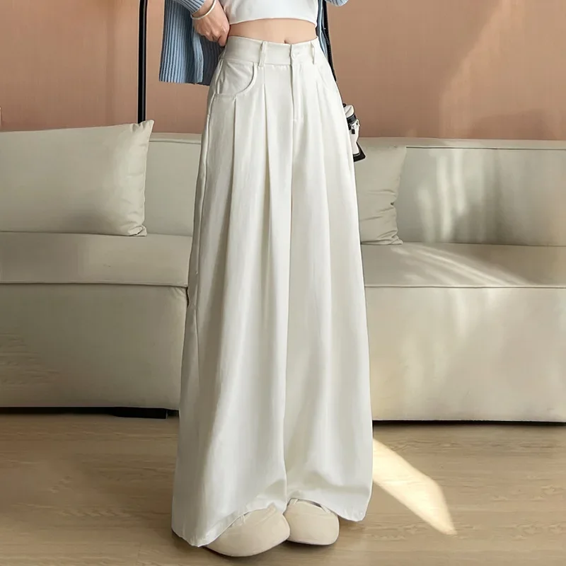 

Women Ice Silk Wide Leg Pants Solid Color Summer Thin Female High Waist Suit Trousers Casual Ladies Loose Straight Pants