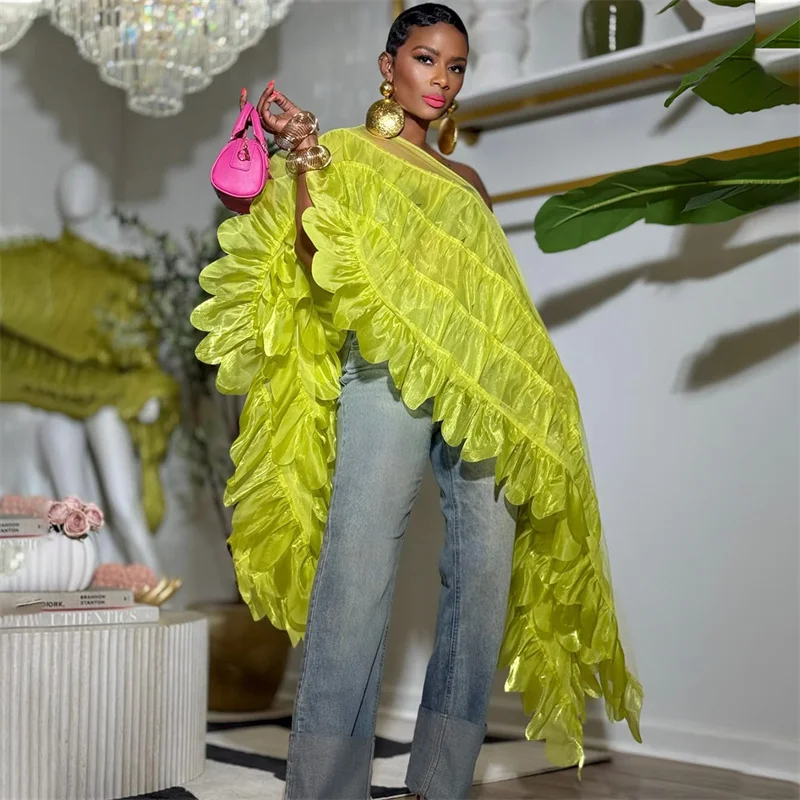 Doyerl High Street Langarm-Oberteile Damen Blusen und Hemden Y2K Kleidung Off-Shoulder Lose Kaskadenrüschen Bluse Femme