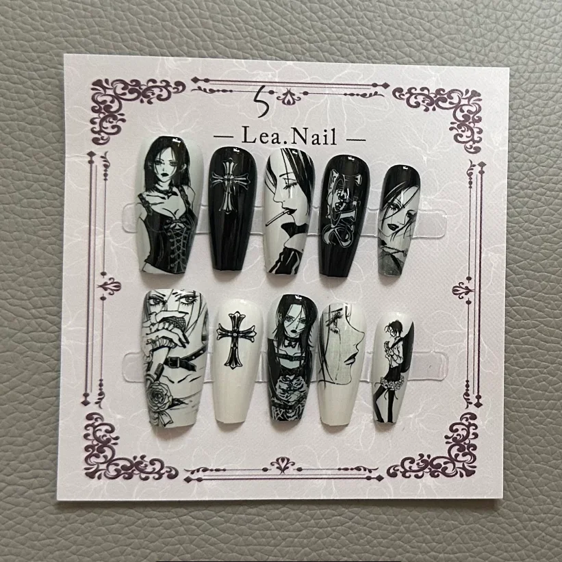 NANA-uñas postizas de dibujos animados hechas a mano, cubierta completa desmontable, regalo de decoración de manicura para niñas, color blanco y negro