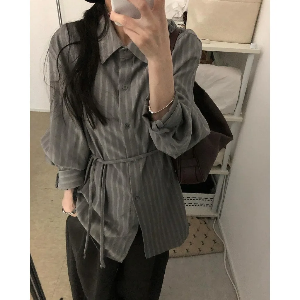 Women's Chic Vintage Casual Stripe irt Belted Waist Long Sve Tie Dye Autumn Versatile Top Comfortable Breathable Loose Fit