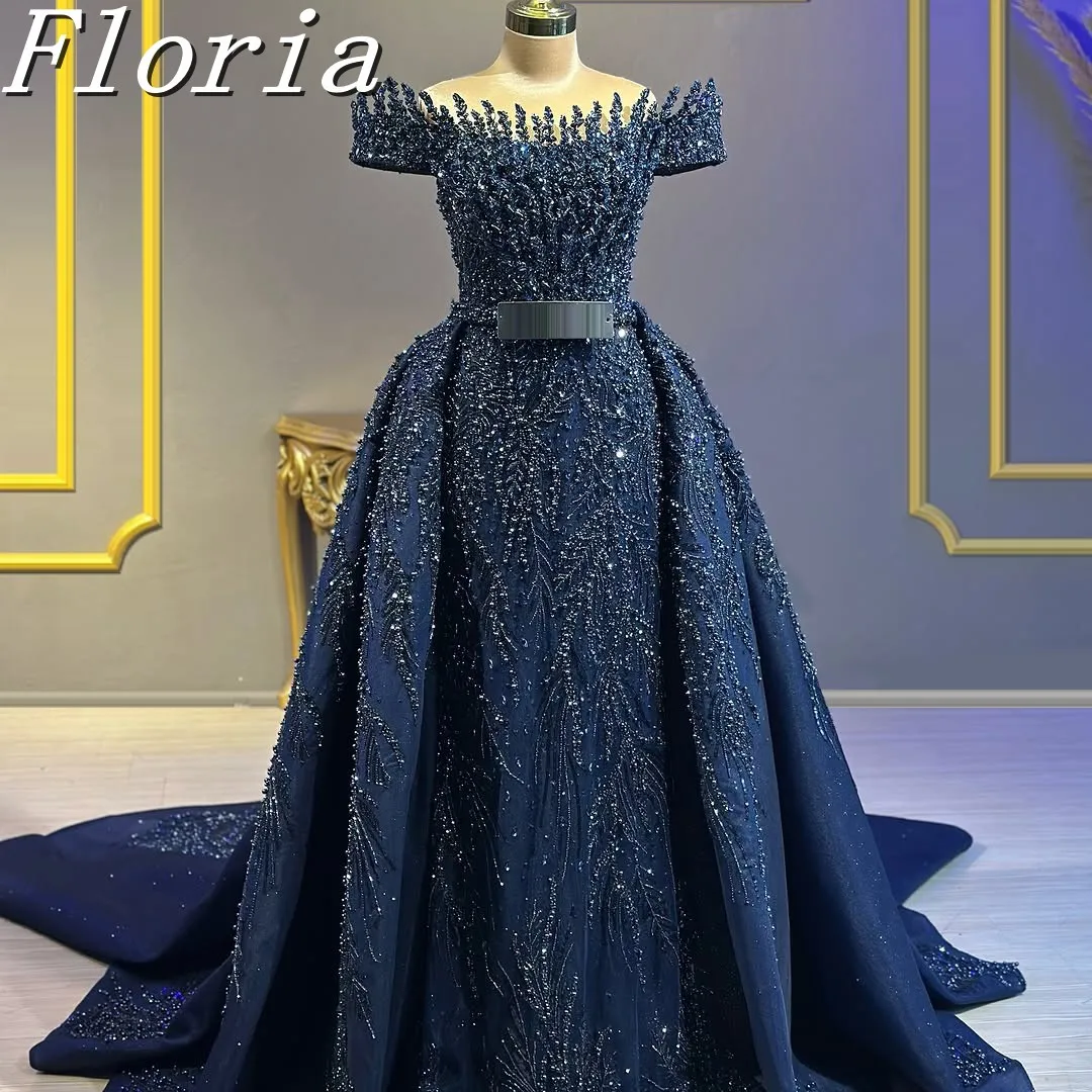 Elegante azul marinho vestidos de festa de casamento longo overskirt arábia saudita vestido de noite ocasião vestido personalizado vestidos de baile