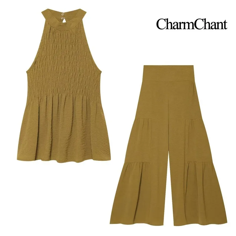 CHARMCHANT Women's Halter Neck Smocked Two Piece Outfit Sleeveless Peplum Top Tiered Wide Leg Pants Set Vacation Summer 2026