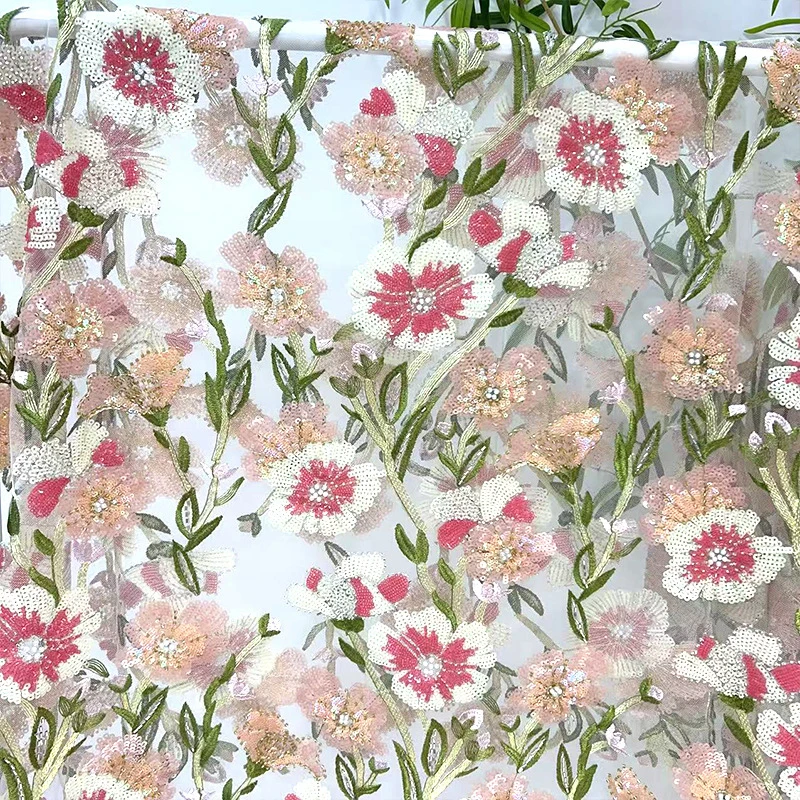 

Floral Embroidery Fabric Thin Tulle Lace Wedding Dress Diy Fabric Chic Sequin Flower Embroidered Beads Clothing Accessories