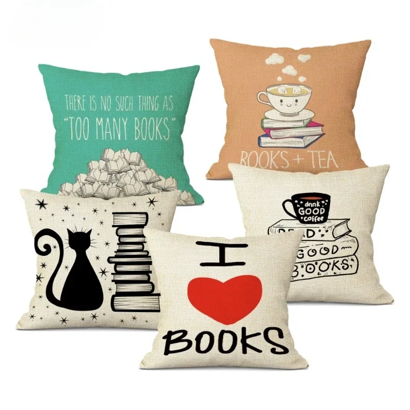 I Love Books Happy Reading Coffee Tea Decorative Cushion Cover Home Decor Sofa Car Seat  Pillow Case Customized Linen Cojines