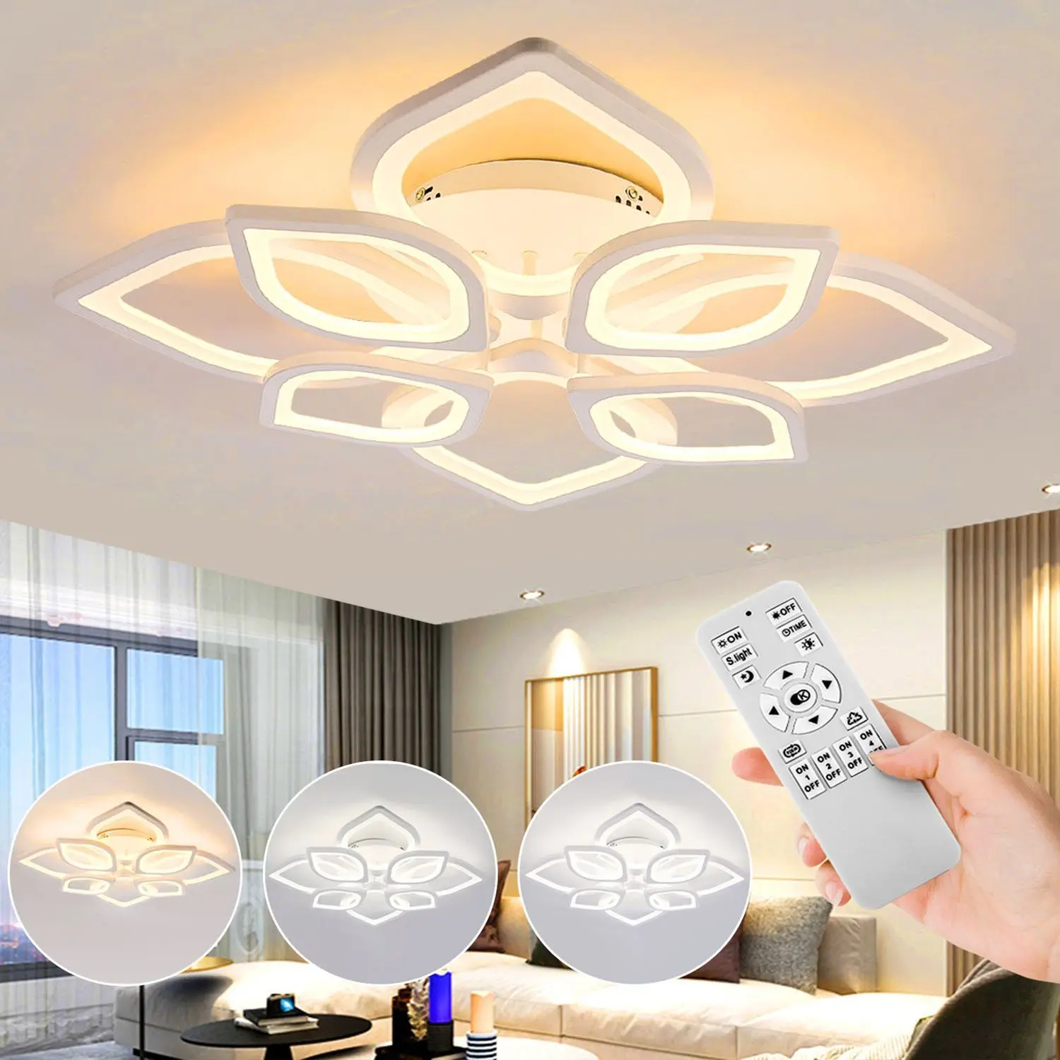 LED-Deckenleuchte mit Fernbedienung, dreifarbig, stufenlos dimmbar, 44 W, 72 cm, für Wohnzimmer, Schlafzimmer, weiße Acryl-Deckenleuchte mit Speicherfunktion