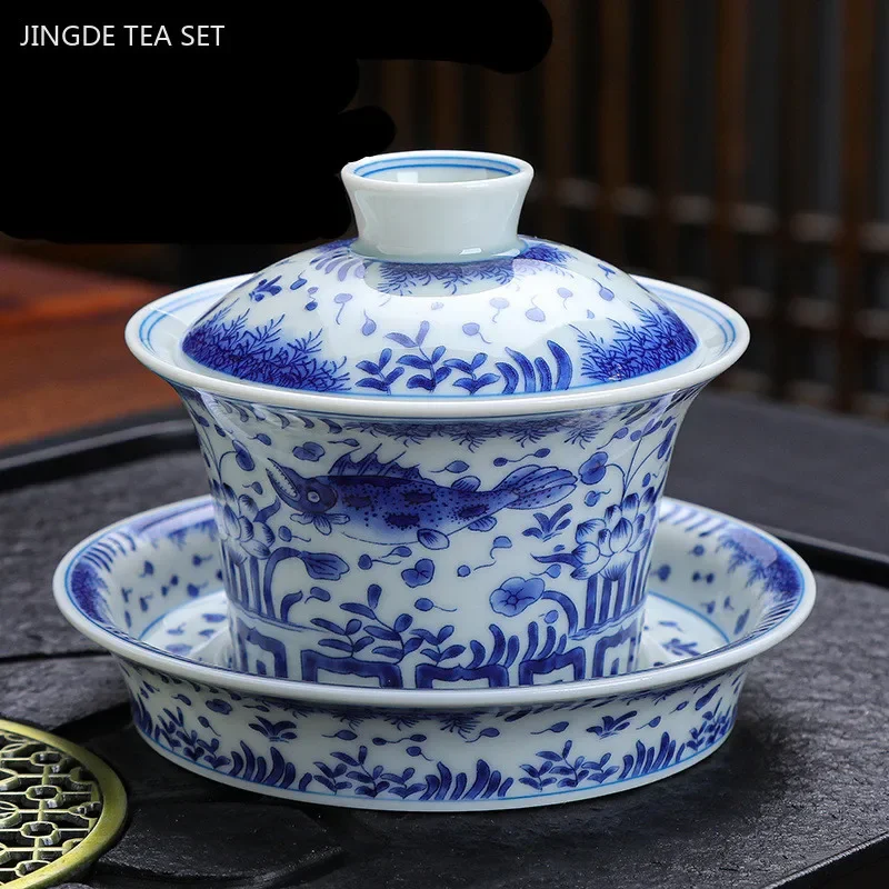 Luxuosa cerâmica gaiwan xícara de chá artesanal tigela de chá chinês azul e branco porcelana acessórios de utensílios de chá drinkware 150ml