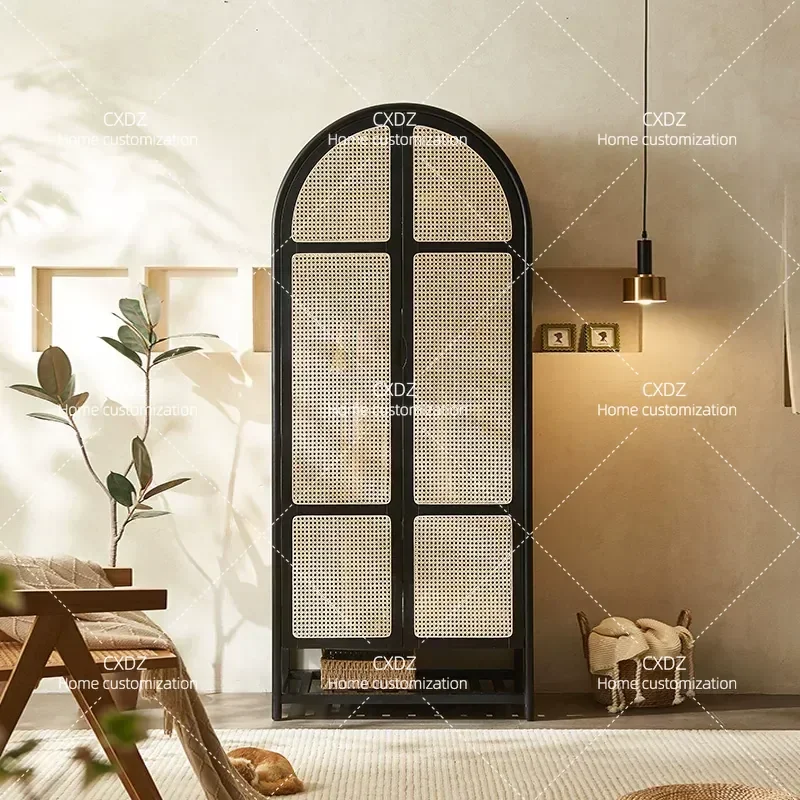 Solid Wood Rattan Wardrobe Storage Cabinet Arched Dome Casement Door Retro Clothing Cabinet Small Apartment