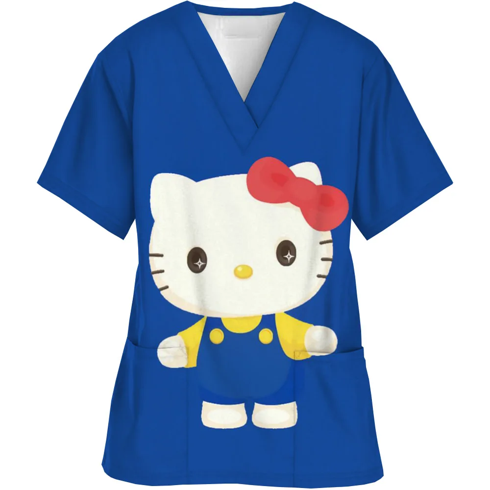 Nurse Uniform Women Short Sleeve Hello Kitty Working Uniform Pocket Blouse Scrubs Tops Nursing Medical Uniforms Accessories