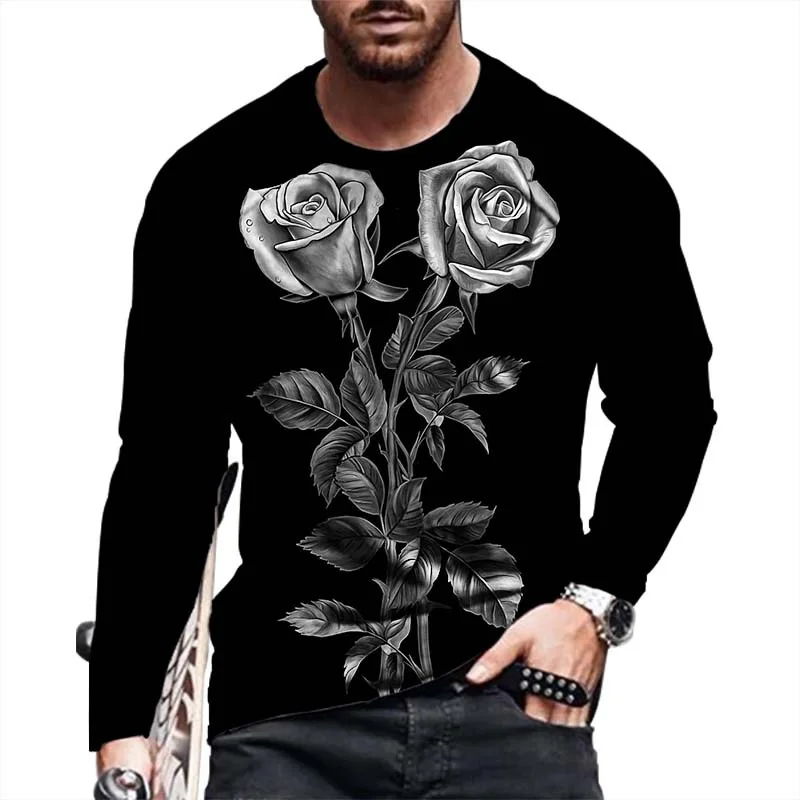 Roses Flower Pattern Men's Fashion T-Shirts Spring Autumn Long Sleeve 3D Floral Printed Street Hip Hop Tee 6XL Plus Size Tops