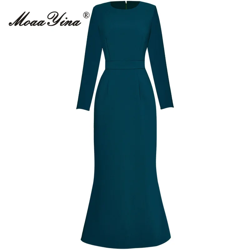 

MoaaYina Autumn Fashion Designer Lake Blue Vintage Dress Women's O Neck Long Sleeve High Waist Package Buttocks Slim Long Dress