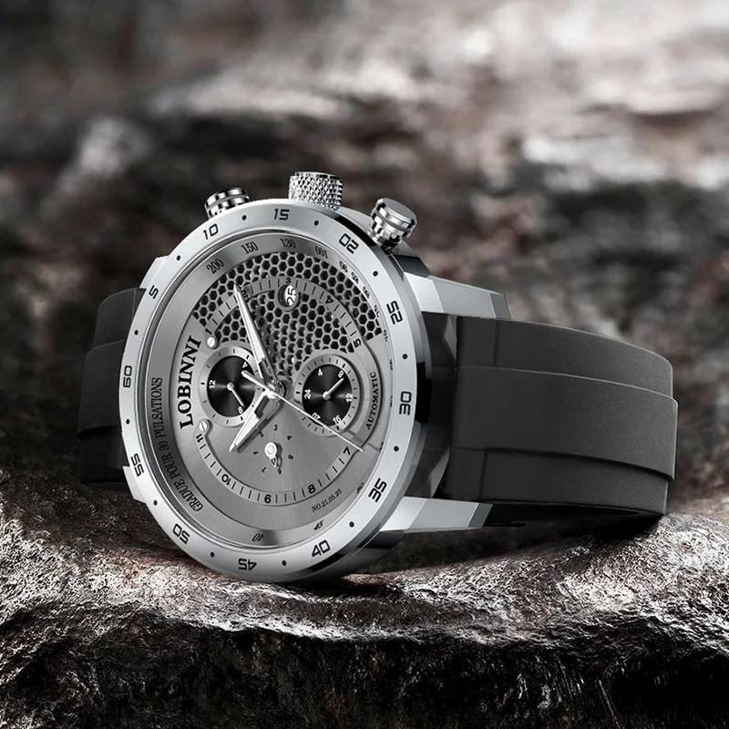 LOBINNI 16063 ساعة ميكانيكية أوتوماتيكية للرجال 42 مللي متر 50 متر مقاوم للماء الياقوت والكريستال والزجاج تاريخ اليوم وعرض الشهر حركة JHB10