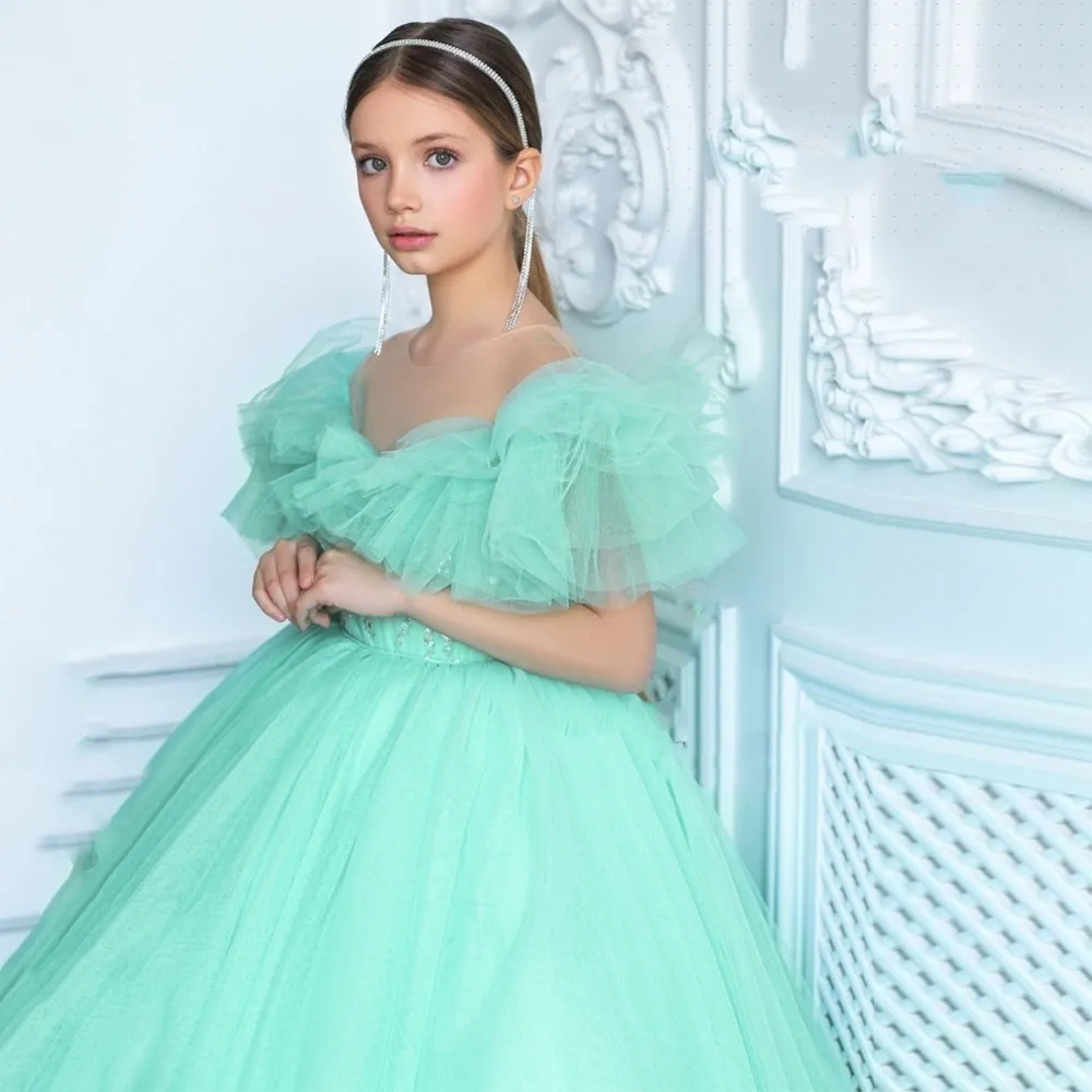 Soft Tulle Sequined Flower Girl Dresses Round Fluffy Customization Wedding Dresses Princess Summer Back Bow First Communion