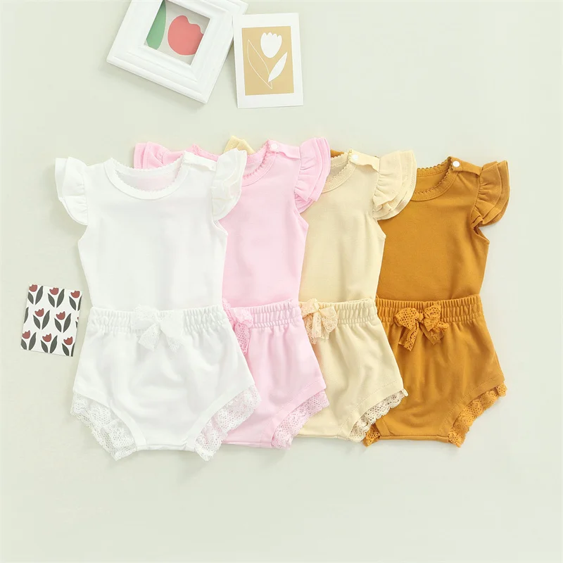 Newborn Baby Girls Bodysuit Short Sets Summer Clothes 2023 Fly Sleeve Bodysuit with Bowknot Lace Shorts Baby Items Things