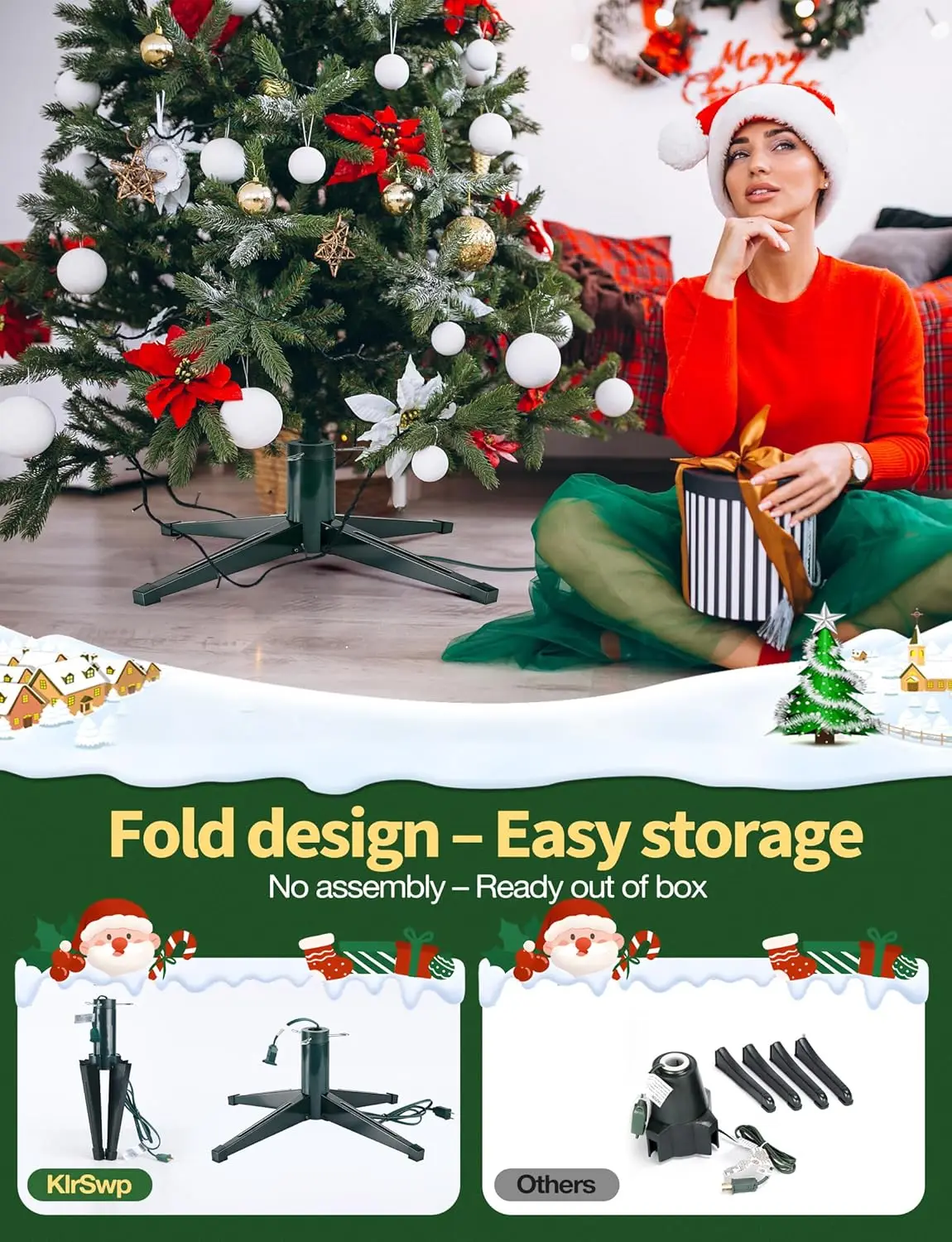 Suporte giratório musical para árvore de Natal, 360 °   Girando com controle remoto, luz e música, cabe em árvores de até 8 pés