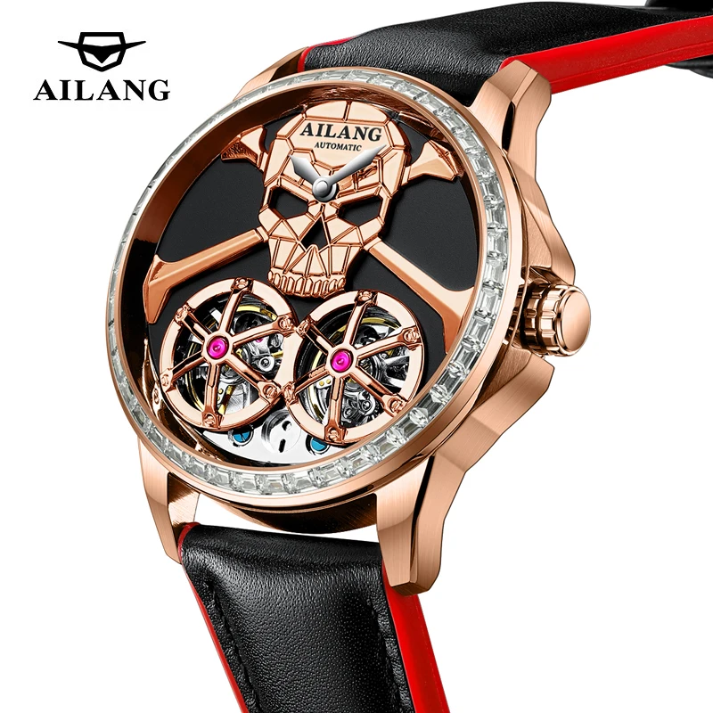 

AILANG модные брендовые механические часы со скелетом и двойным турбийоном, мужские спортивные силиконовые высококачественные мужские роскошные автоматические часы