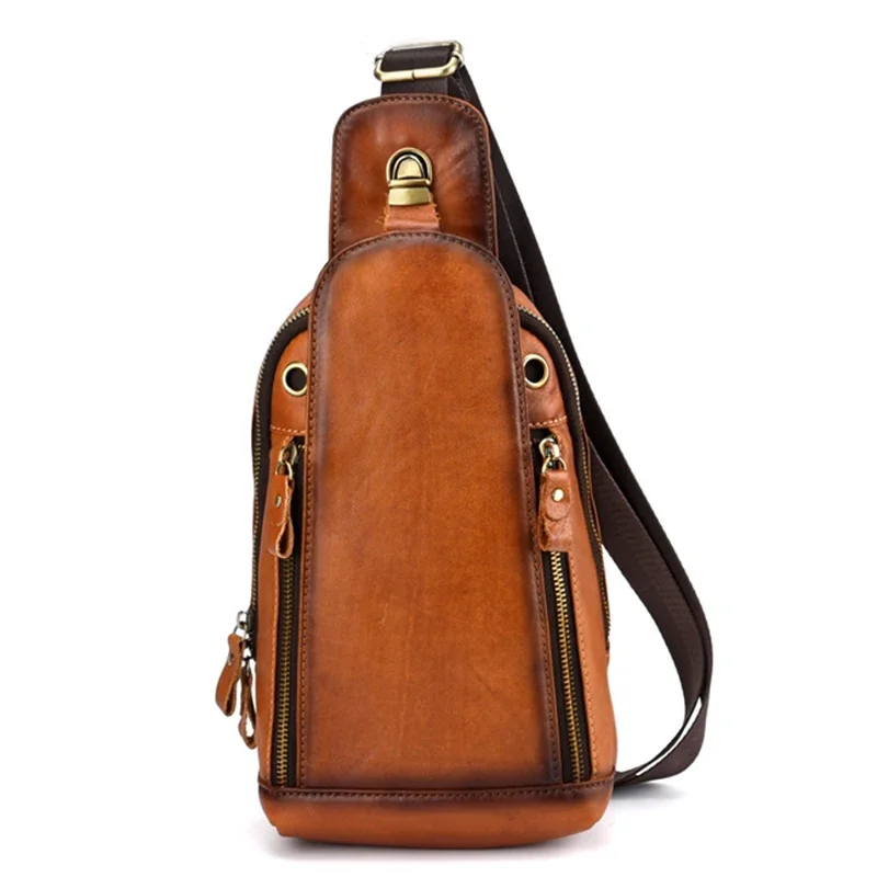 High Quality Men Genuine Leather Single Backpack Rucksack Vintage Real Cowhide Brush Color Shoulder Bag Crossbody Chest Bags