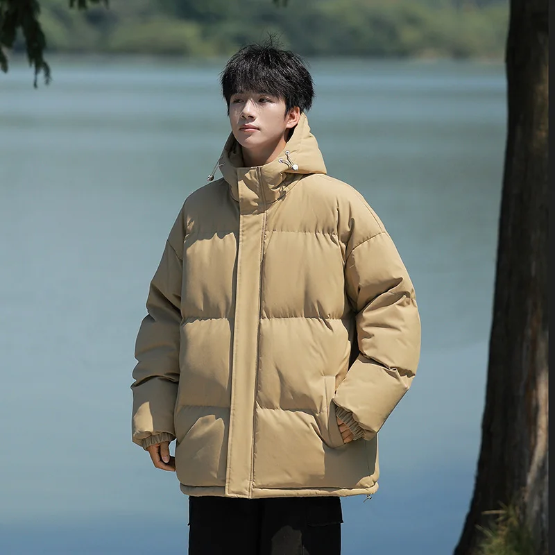 Jaket Puffer Musim Dingin Baru 2025 Unisex Berkerudung Tebal Anti Angin Warna Solid Serbaguna Parka Hangat