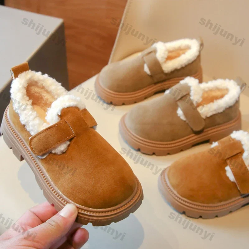 

Детские зимние ботинки, зимние повседневные модные теплые хлопковые туфли для мальчиков и девочек, уличная нескользящая повседневная прогулочная детская плюшевая обувь на плоской подошве