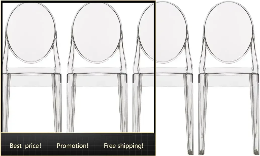 Set of 4 Louis Style Acrylic Ghost Stackable Dining Chairs, Armless Clear Transparent Oval Back Vanity Side Kitchen Chairs