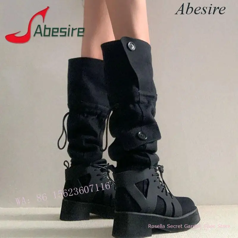 

New Personality Niche Design Drawstring Hiking Boots Square Toe Thick Sole Heightening Women's Knee-High Boots Outdoor Trendy