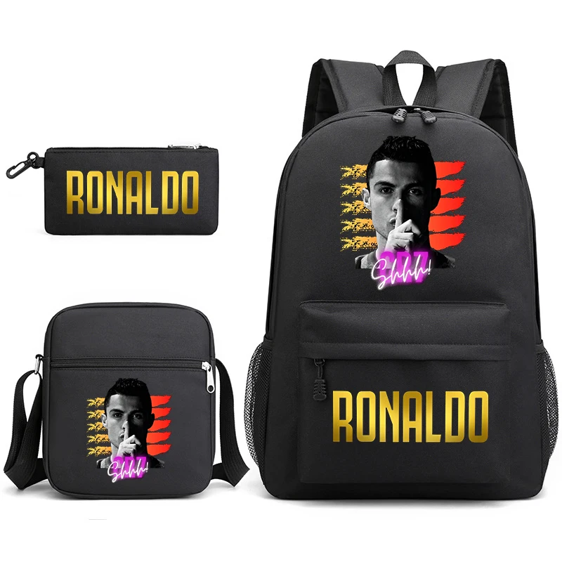 Ronaldo cabeça impressão bolsa escolar infantil estudante mochila bolsa de ombro estojo de lápis conjunto de 3 peças universal para meninos e meninas