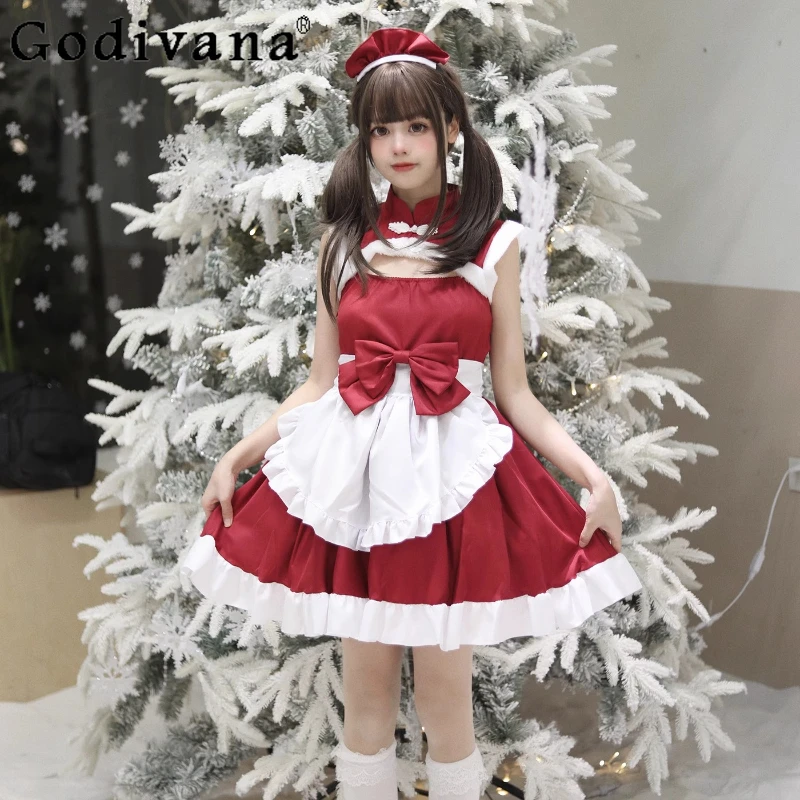 

Classic Red Christmas Chinese Style Maid Uniform COSPLAY Dress Girls Lolita Anime Sweet Cute Bow A-line High Waist Party Dresses