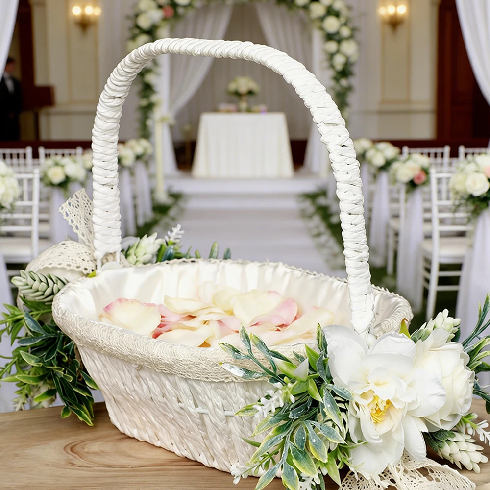 

White Rattan Wedding Flower Girl Basket with Silk Peony, Vintage Flower Girl Basket for Wedding Ceremony Anniversary Party Decor