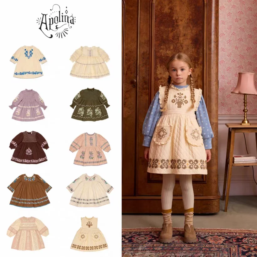 Girls Dress 26 Autumn and Winter New Printed Fashion Embroidered High-end Children's Dress Cotton Retro Pastoral Princess Dress