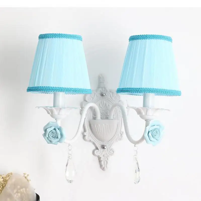 

Ceramic rose Blue Pink Children Wall Lamp indoor LED lighting fo rBedroom kid's Princess Bar cloth lampshade crystal wall sconce