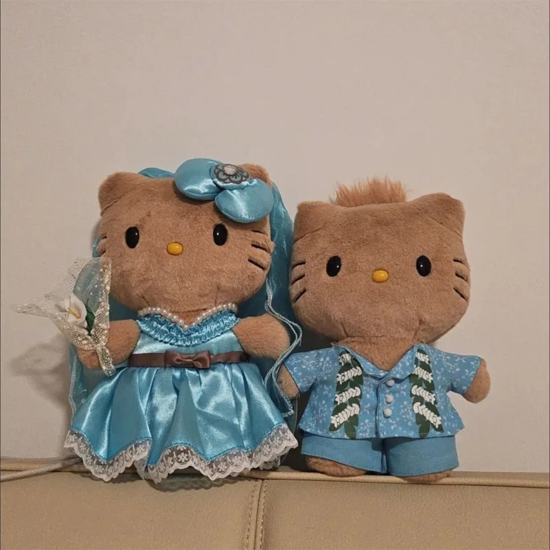 Kawaii Hello Kitty Wedding Couple Plush Toys Blue Dress Hawaii