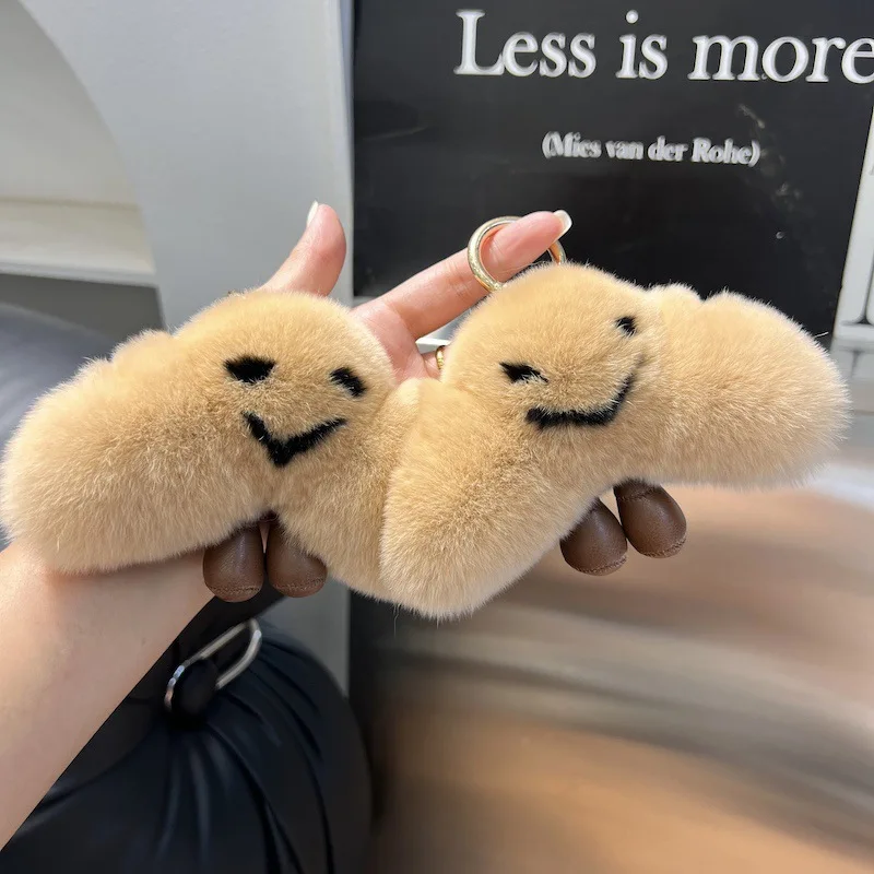 Bonito croissant real lontra pele de coelho carro chaveiro pingente bola de pelúcia boneca mochila pingente