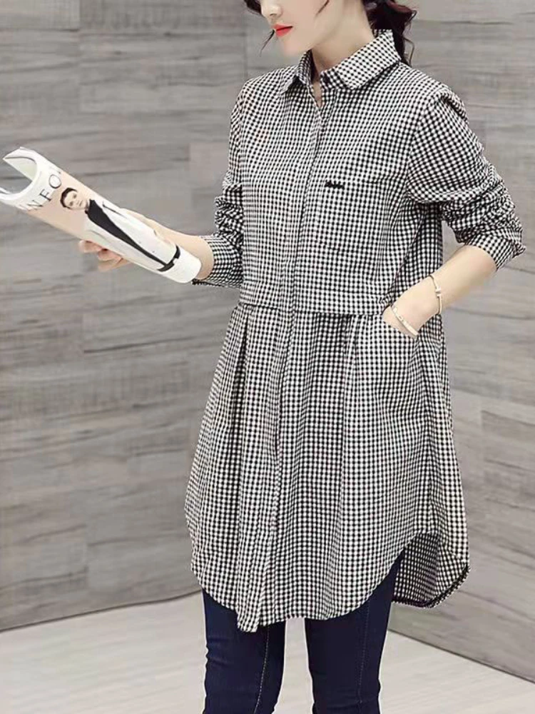 All-match Button Solid Midi Autumn Blouse for Female 2023 Korean Fashion Spliced Shirt Loose Long Sleeve Winter Polo-Neck Shirt