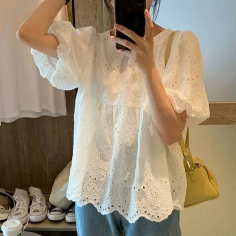 Blouses Women Hollow Out Simple Creativity Classics Popular Daily Korean Style Sweet Ladies Summer Modern Leisure Personality