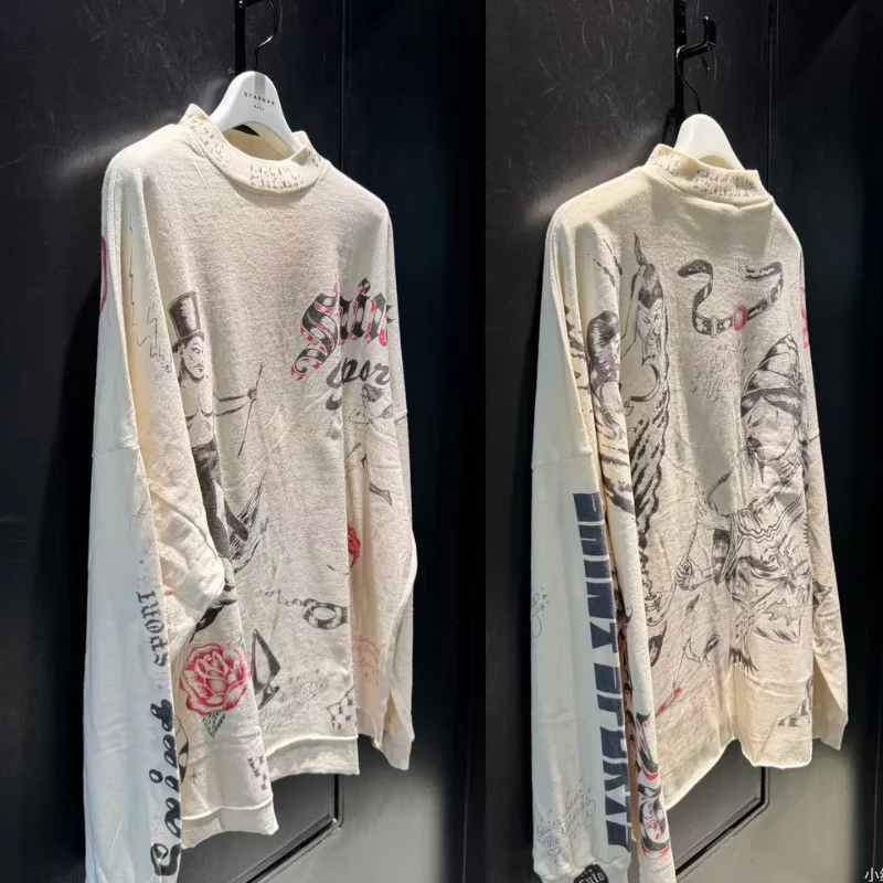 

Saint Long Sleeve T-shirts Graffiti American High Street Washable Loose Long-sleeved Base Tshirt Men Women