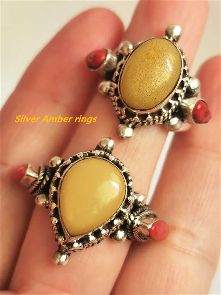 Nepal Hand 925 Silver Inlaid Opal Honeywax Resin Big Rings for Man Vintage Jewelry T9069