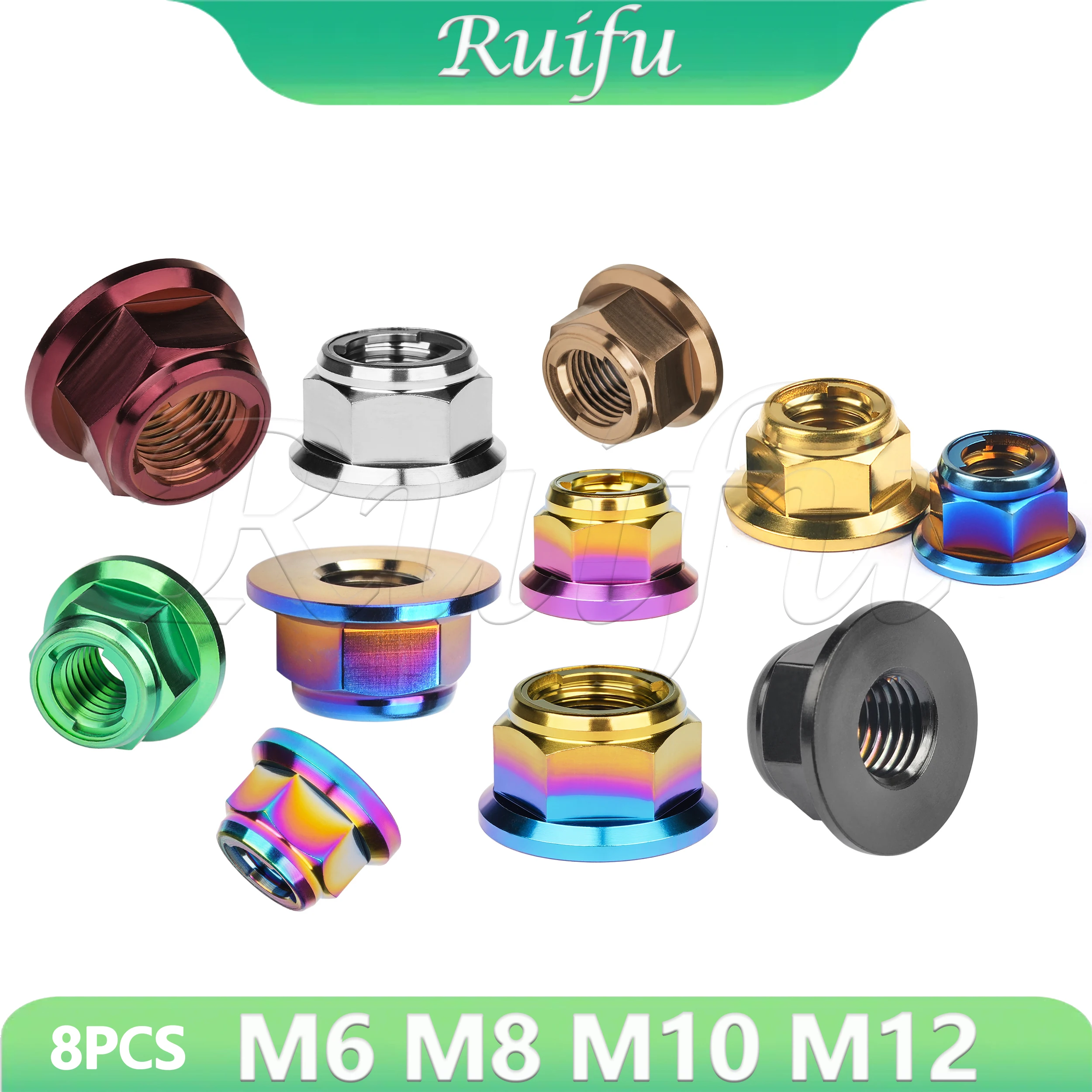 8pcs Ruifu Titanium Nut M6 M8 M10 M12 Pitch1.25 Flange Lock Nuts for Cycling Modification