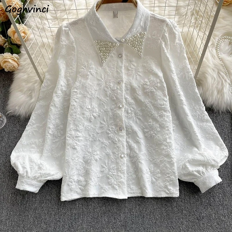 

Shirts Women Pearl Appliques Retro Classic Elegant Fashion Cozy Streetwear Office Lady Korean Style Prevalent Spring New Рубашки