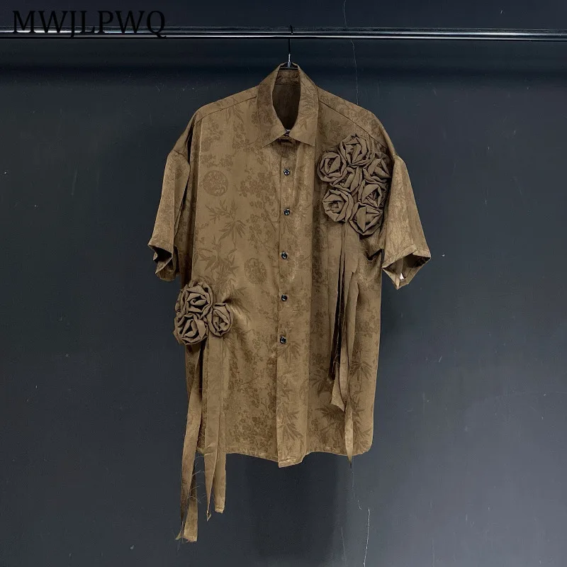 

MWJLPWQ 2025 New Jacquard Shirt Short Sleeve Lapel Niched Design Sense Streetwear Lace Up Coffee Color Loose Casual Tops 11276