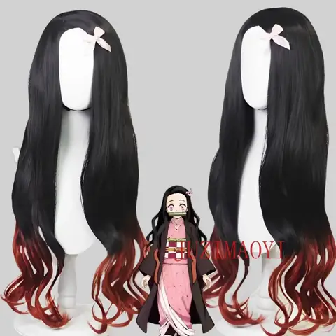 Nezuko Cosplay Pruik Cosplay Krullend Zwart Oranje Gradiënt Pruik Cosplay Hittebestendige Synthetische Pruiken