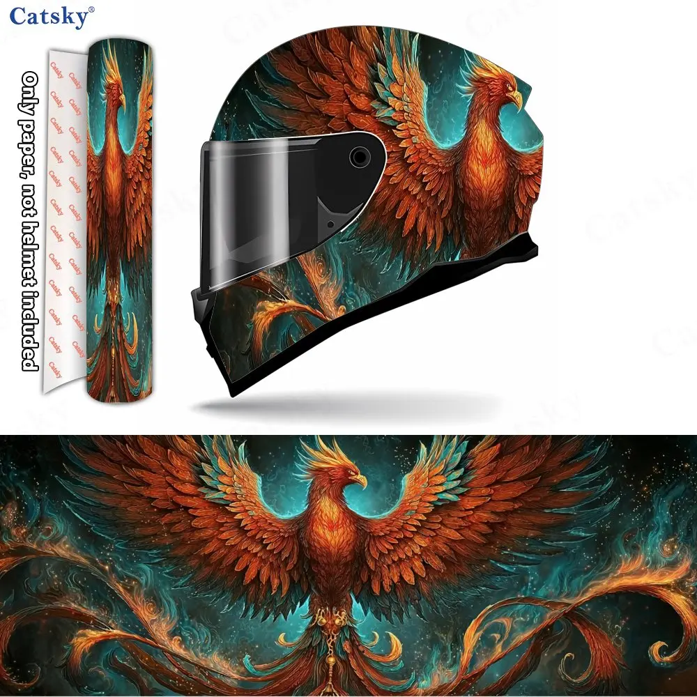 Blazing-feathered Phoenix Print Helmet Vinyl Wraps, Waterproof Scratch-Resistant Full Face Helmet Decals, Durable PVC Decoration